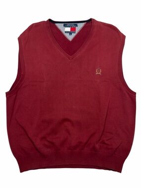 Tommy Hilfiger Knit Sweater Vest V-Neck Sleeveless Men's XL Solid Red Preppy